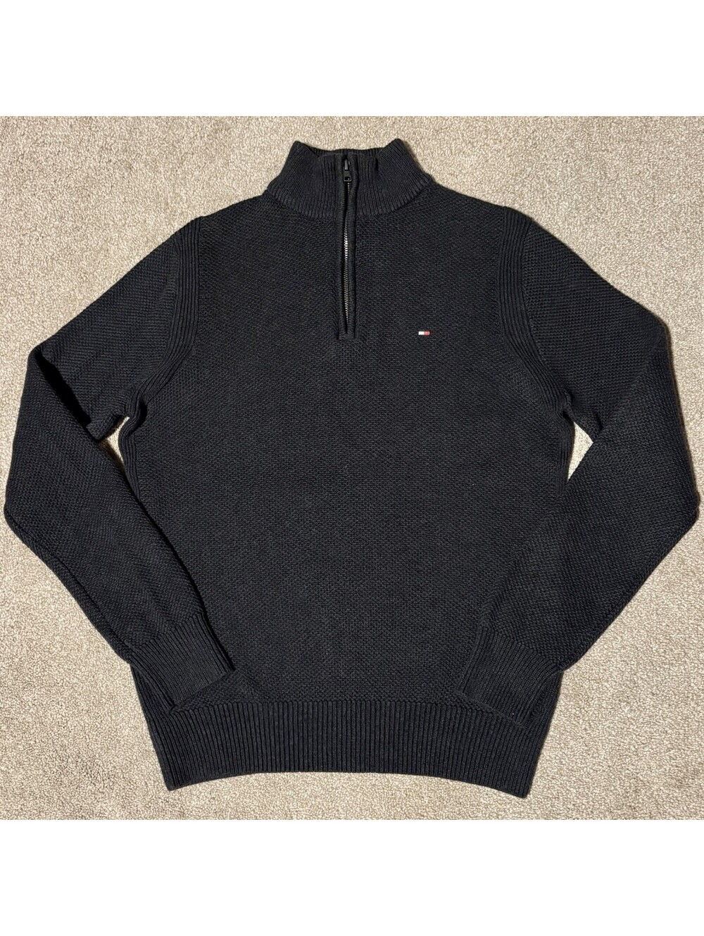 Tommy Hilfiger Mens M 100% Cotton Knit Sweater 1/4 Zip Pullover Gray Mock Neck